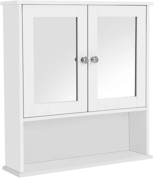 Affordable white VASAGLE wall cabinet with 2 mirrored doors, quality DIY bathroom storage, luxe and cheap solution.