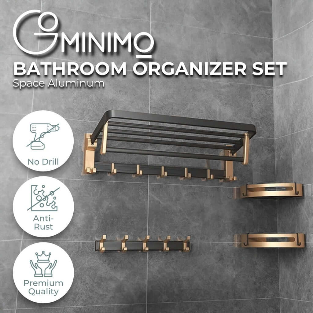 Bathroom wall mount set black gold, affordable luxe space aluminum, DIY installation, anti-rust, premium quality organizer.