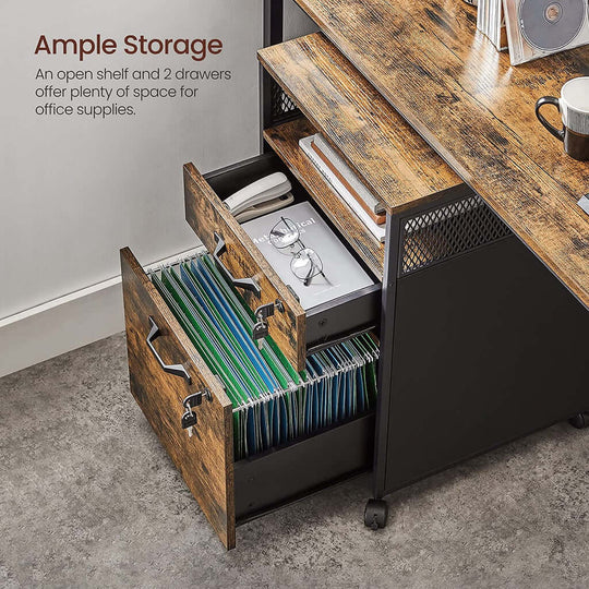 VASAGLE office file cabinet with rustic brown and black finish, open shelf, two lockable drawers, and steel frame for ample storage.