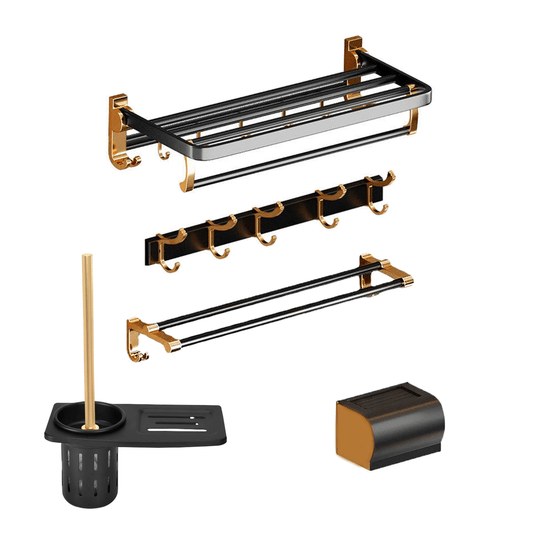 Affordable DIY bathroom wall mount accessories in black gold, durable space aluminum set with towel holder and hooks, luxe design.