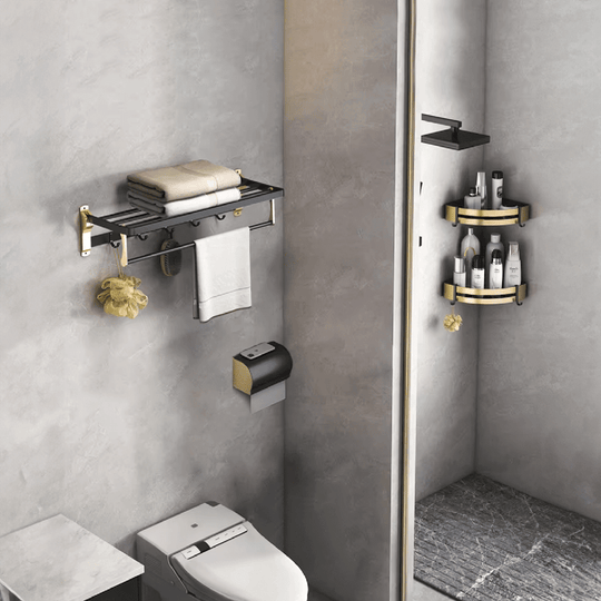 Black Gold Bathroom Wall Mount Accessories Set, Quality DIY Space Aluminum, Affordable Luxe Design for Organized, Stylish Bathrooms