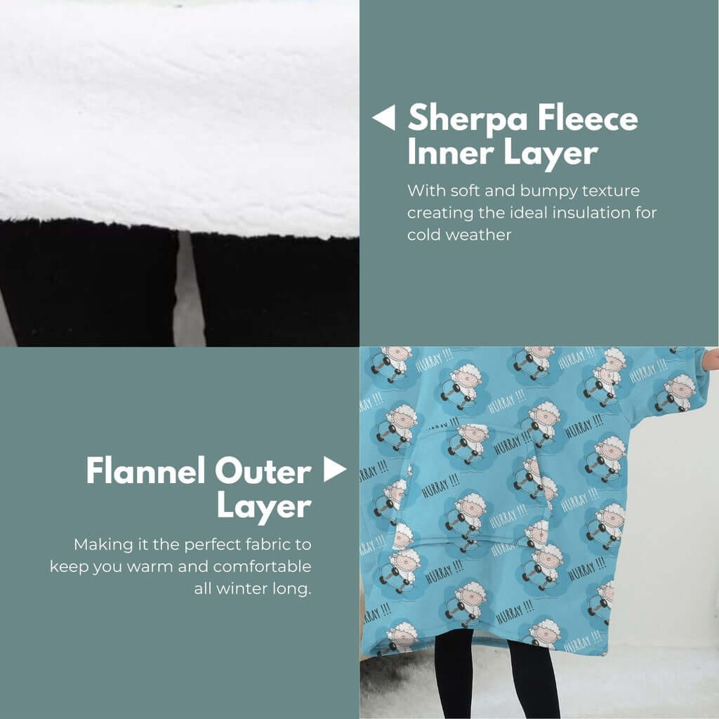 Sherpa fleece and flannel layers of the GOMINIMO hoodie blanket, designed for warmth and comfort in winter.