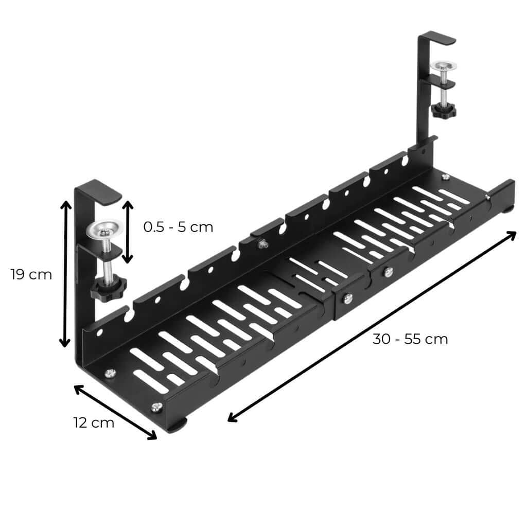 Affordable GOMINIMO Retractable Cable Management Tray in Black with no-drill clamp design, ideal for DIY and luxe cable organization.