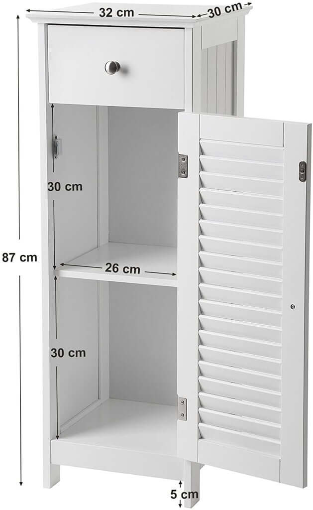 VASAGLE white floor cabinet with drawer and door, affordable quality storage solution, DIY luxe furniture, dimensions 32x87x30 cm.