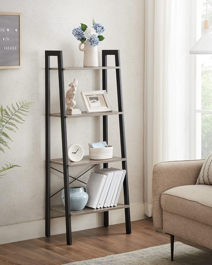 Affordable quality homewares and value furniture displayed on a modern black and wooden bookshelf in a stylish living room.