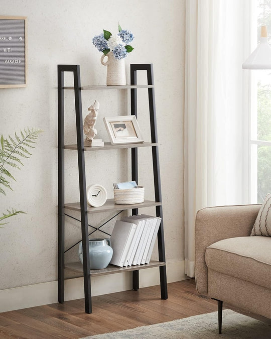 Affordable quality homewares and value furniture displayed on a modern black and wooden bookshelf in a stylish living room.