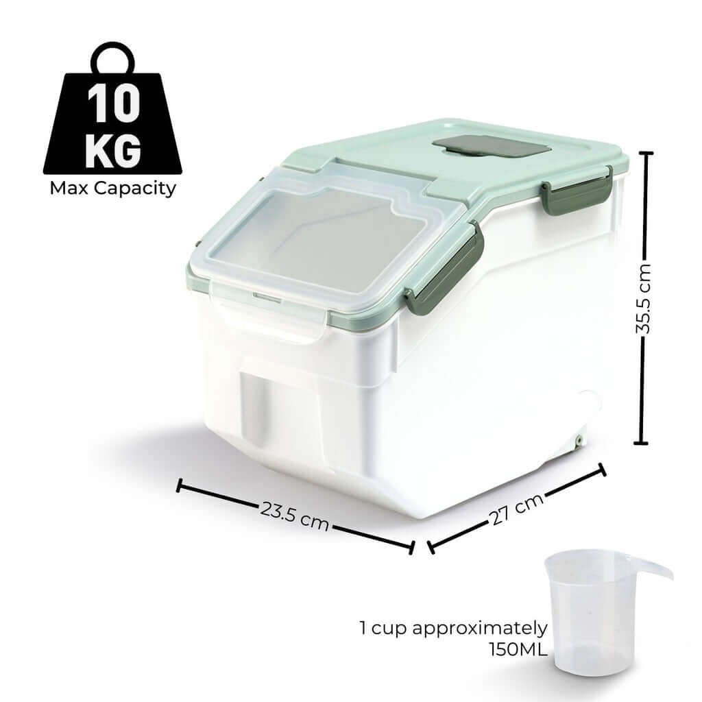 GOMINIMO multipurpose food storage container showing dimensions and cup for pet food or rice grains, affordable quality design in green.