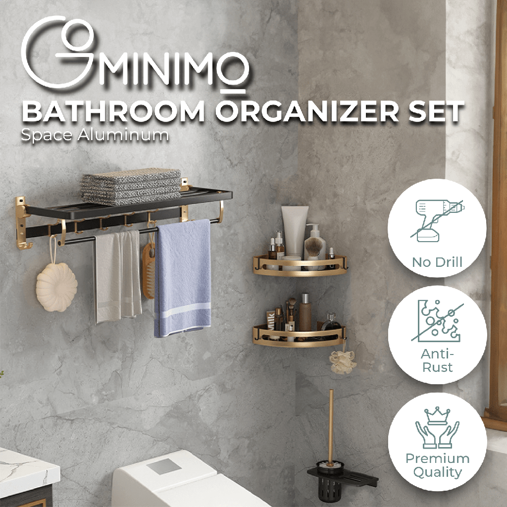 Affordable black gold bathroom organizer set with space aluminum, including towel and toilet brush holders, DIY luxe design.