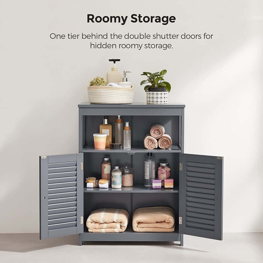 Gray VASAGLE floor cabinet with open louvered doors, showcasing spacious DIY storage shelves, affordable luxury quality.