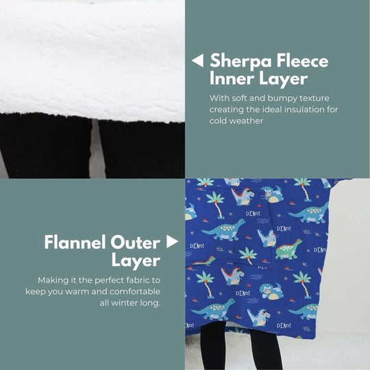 Sherpa fleece and flannel layers of GOMINIMO hoodie blanket for warm, cozy, and comfy winter wear for kids.