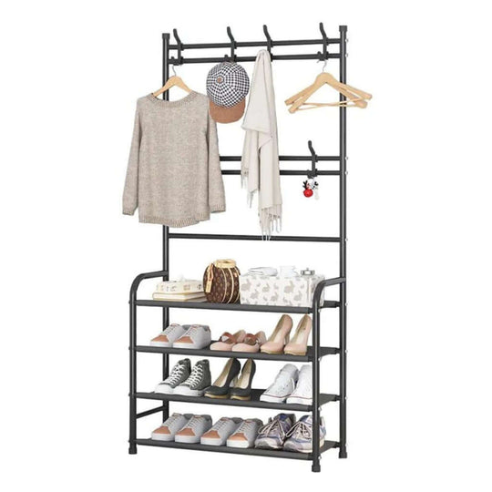 Black clothes rack with 8 hooks and 4-tier shoe shelves, displaying hats, coats, and shoes. Affordable, quality, DIY storage solution.