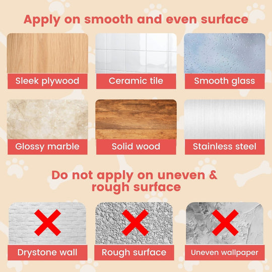 Recommended and non-recommended surfaces graphic, showing smooth surfaces like plywood and marble for application, and rough surfaces to avoid.