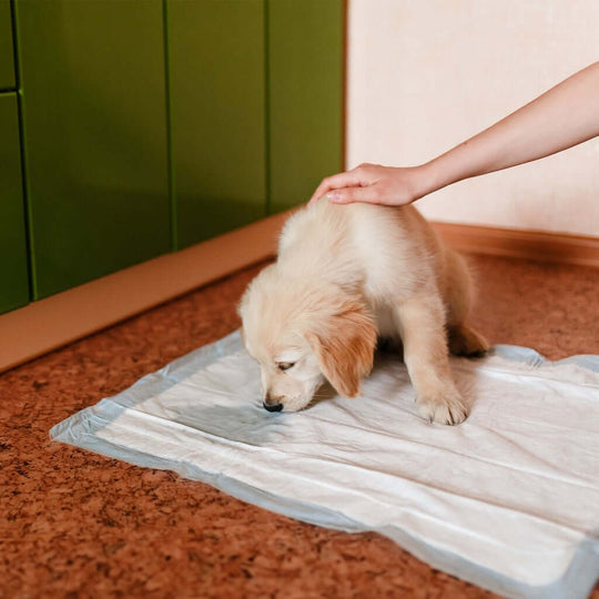 Golden retriever puppy on a Floofi pet toilet training pad in a cozy indoor setting.