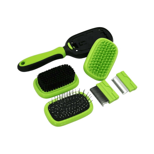 Floofi 5in1 Pet Grooming Set featuring ergonomic handle and five interchangeable brush heads for all small pets.