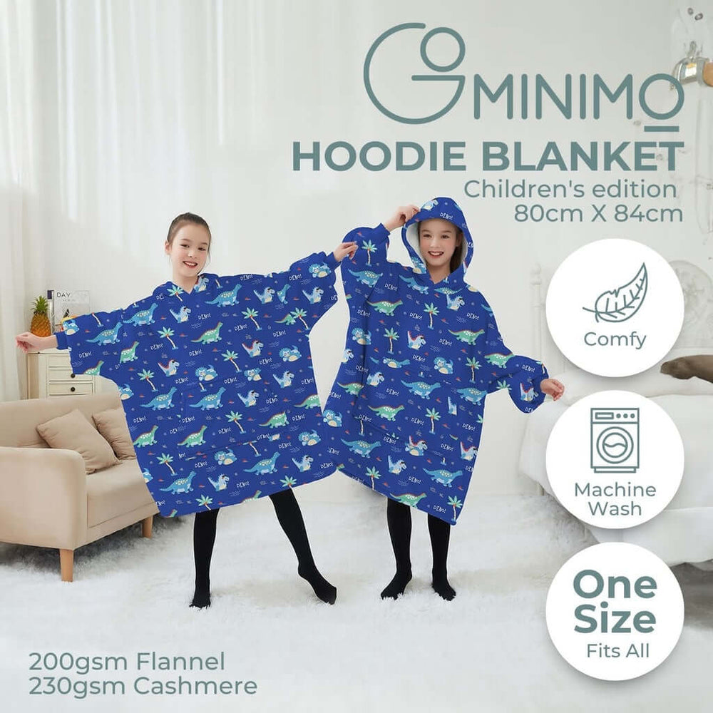 GOMINIMO Kids Dinosaur Hoodie Blanket in dark blue, featuring comfy flannel and cashmere, perfect one-size fit for warmth and fun.