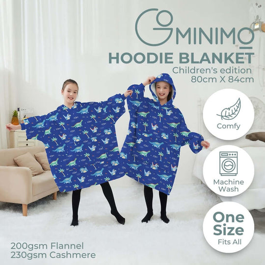 GOMINIMO Kids Dinosaur Hoodie Blanket in dark blue, featuring comfy flannel and cashmere, perfect one-size fit for warmth and fun.