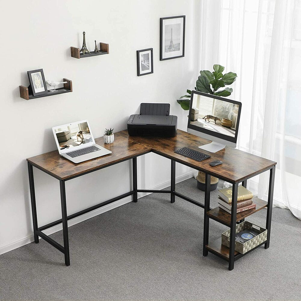 Affordable quality homewares and value furniture - L-shaped office desk with laptops, printer, and shelves in modern home office setup.