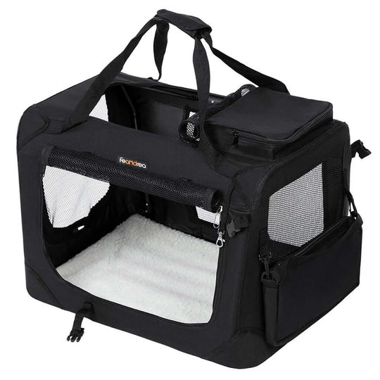 Affordable black FEANDREA dog kennel transport box, folding fabric pet carrier for small dogs, DIY luxe travel solution.