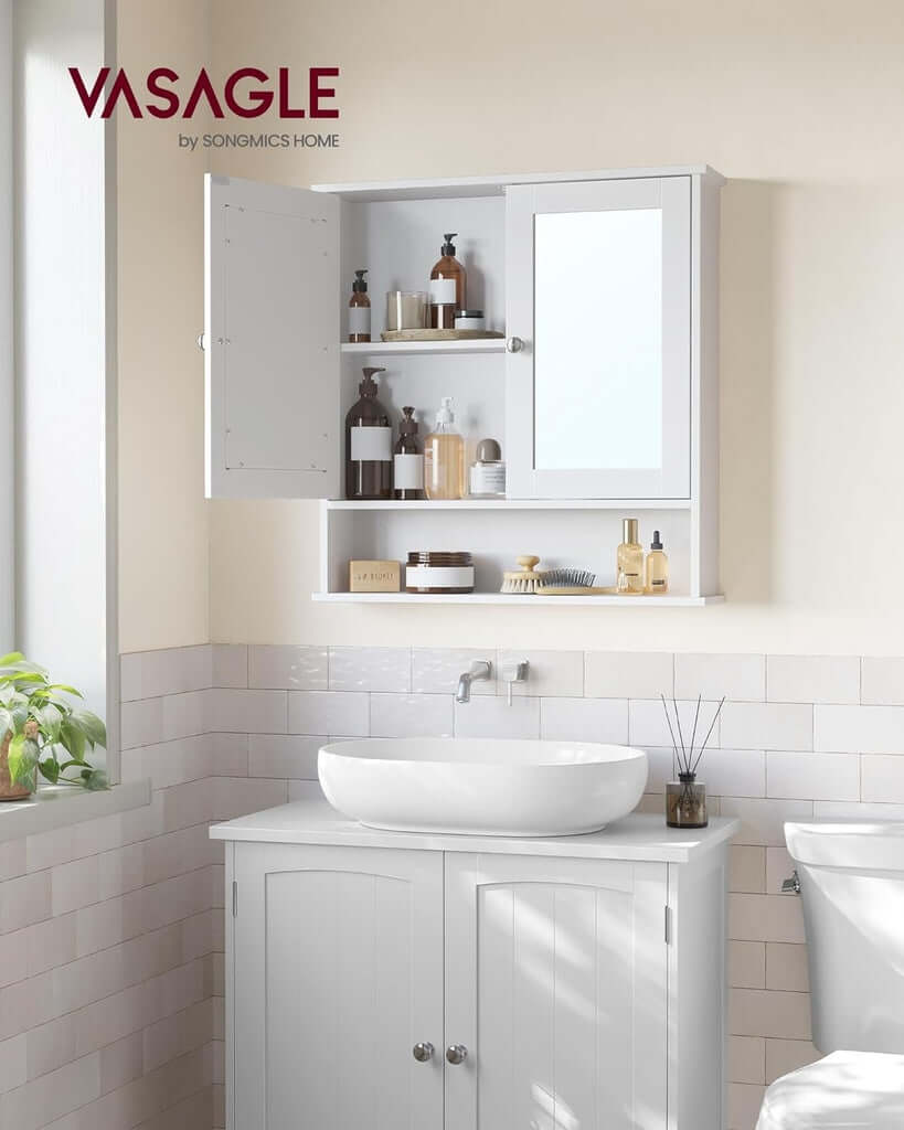 Affordable VASAGLE wall cabinet with 2 mirror doors, white bathroom storage, luxe DIY design, quality and cheap solution.