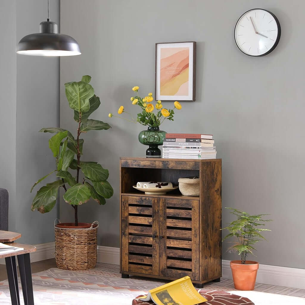 Rustic brown VASAGLE storage cabinet with louvered doors, showcasing style and affordability in a chic living room setting.