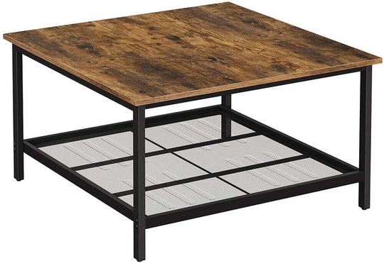 Rustic brown VASAGLE coffee table with dense mesh shelf and black steel frame, affordable quality DIY living room furniture.