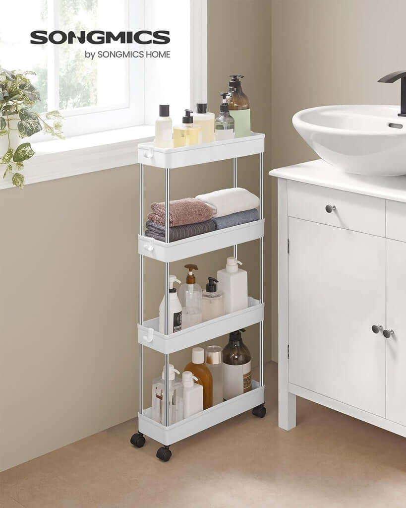 SONGMICS 4-Tier White Rolling Storage Cart, DIY Slim Organizer with Quality PP Baskets, Affordable and Luxe Bathroom Solution