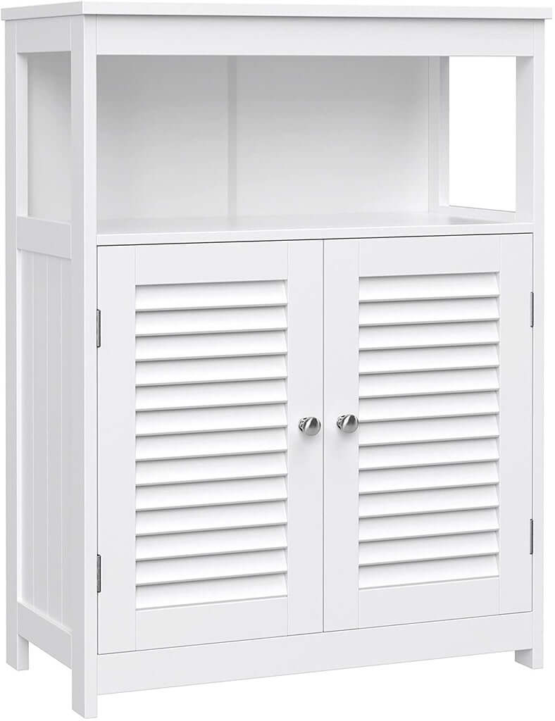 White VASAGLE floor cabinet with louvred doors, shelf, chic design, affordable quality for DIY luxury home decor.