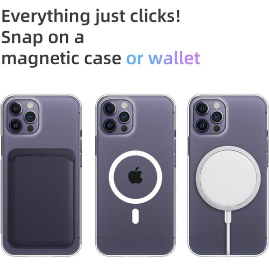 iPhone with snap-on magnetic case, wallet, and wireless charger demonstrating versatile accessory options.