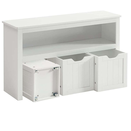 White VASAGLE storage bench with shelf and 3 drawers, affordable and quality design for DIY and luxe home organization.