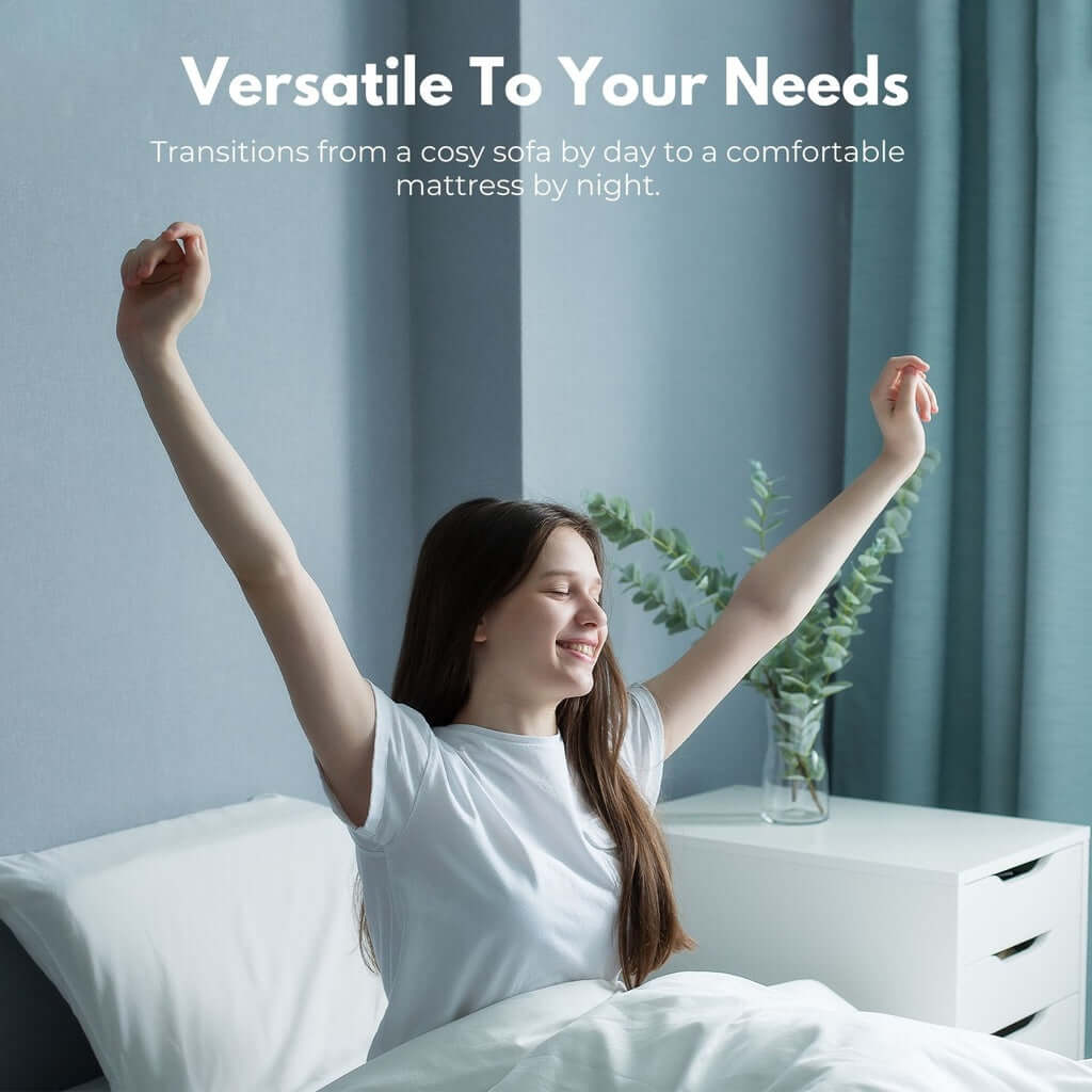 Woman stretching on bed illustrating versatility of GOMINIMO 3 Fold Folding Mattress with sofa and bed functionality.