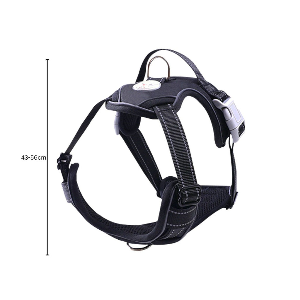 Adjustable black dog harness with reflective straps and secure buckles for safety, measuring 43-56cm.