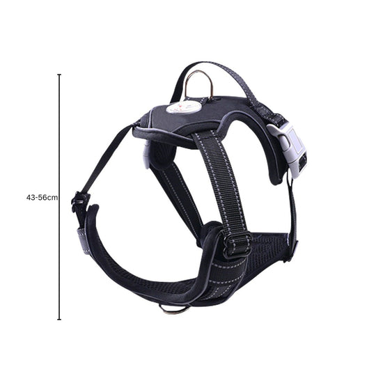 Adjustable black dog harness with reflective straps and secure buckles for safety, measuring 43-56cm.