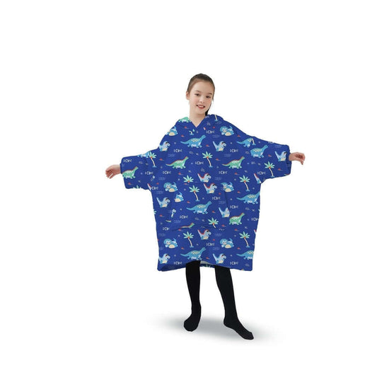 Child wearing GOMINIMO Kids Dinosaur Hoodie Blanket in dark blue, featuring comfy flannel and Sherpa fleece. Affordable luxe comfort.