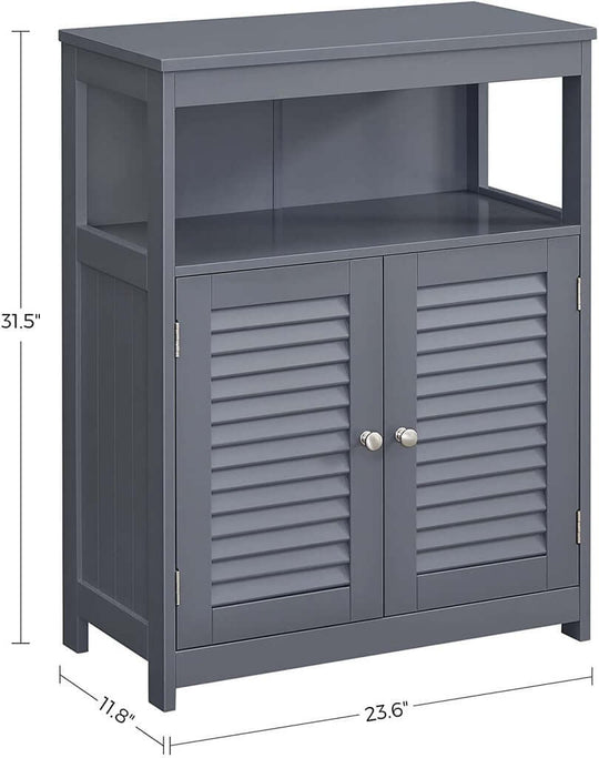 Affordable gray VASAGLE floor cabinet with shelf and stylish louvered doors, perfect for DIY luxe decor.