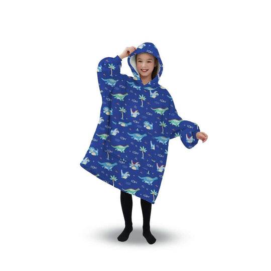 GOMINIMO kids hoodie blanket in dark blue with dinosaur print, featuring a spacious hood and cozy design for warmth and comfort.