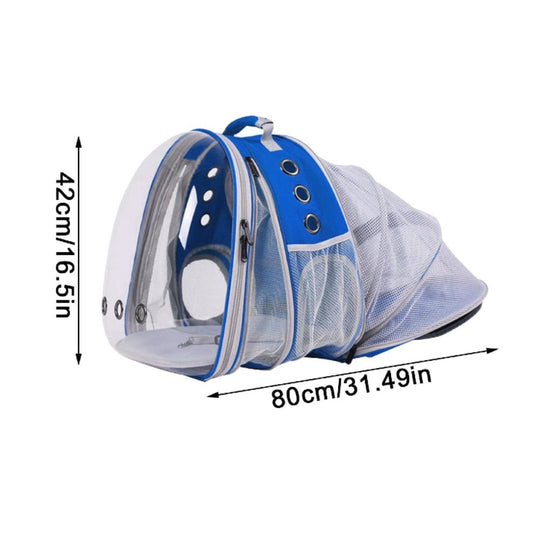 Blue and white mesh pet carrier with dimensions 42cm x 80cm.