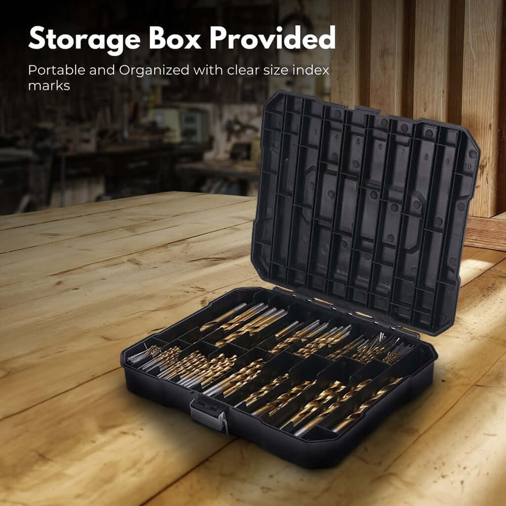 Black storage box for RYNOMATE drill bits set, featuring clear size index marks for organized portability.