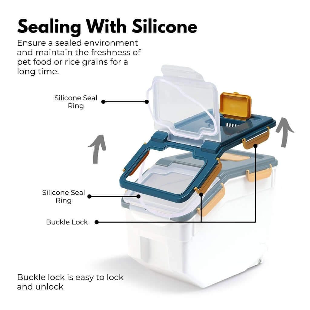 Diagram showing Gominimo airtight food container features, including silicone seal ring and easy buckle lock mechanism.