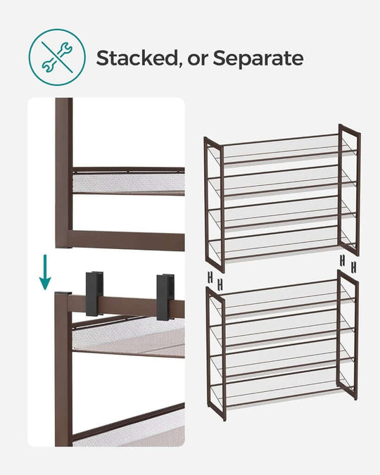 SONGMICS 8-tier shoe rack can be stacked or separated into 4-tier racks for versatile storage solutions in closet or entryway.