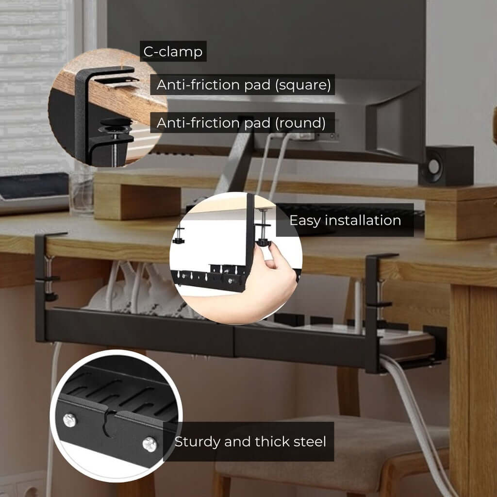 GOMINIMO Retractable Cable Management Tray with easy installation, sturdy steel, and anti-friction pads for a no-drill setup.