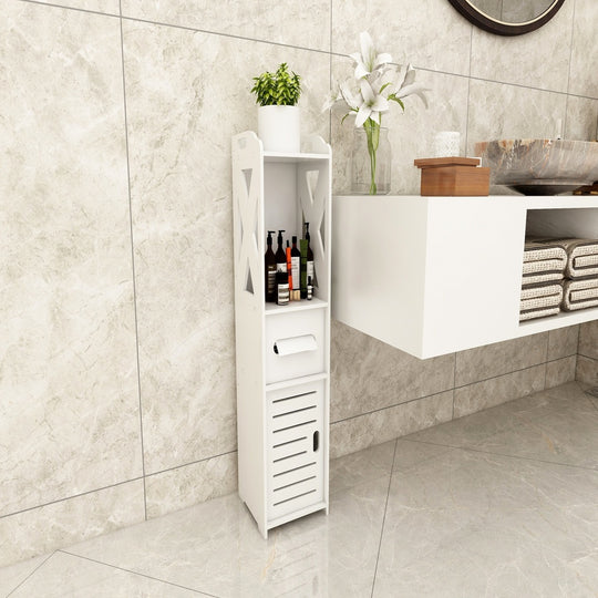 Stylish white storage unit with plant and wine bottles in modern bathroom, showcasing affordable and quality homewares and value furniture.