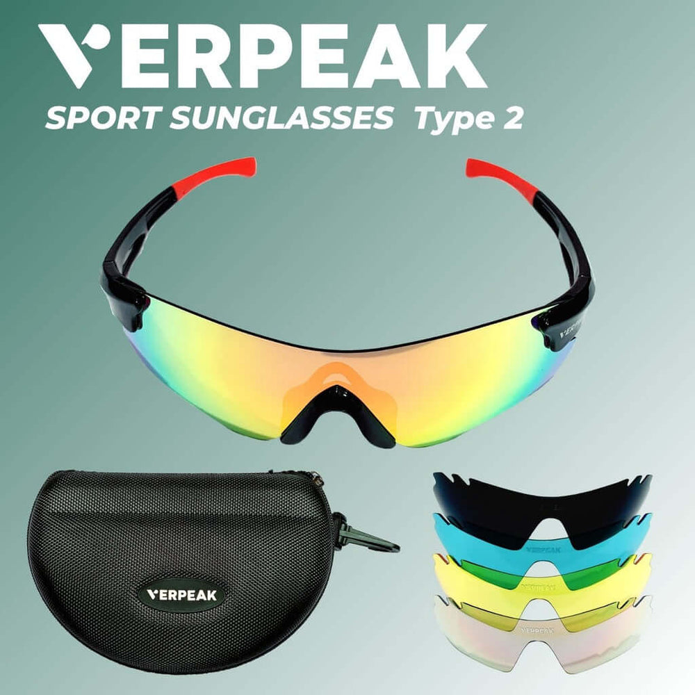 VERPEAK Sport Sunglasses Type 2 with interchangeable lenses in black frame and red tip, in a soft case.