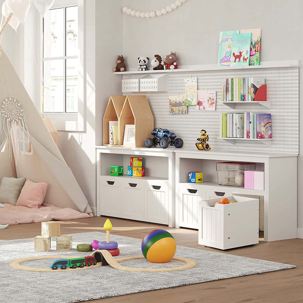 White DIY VASAGLE storage bench with shelf, 3 drawers in a stylish kids' room, featuring toys and books for affordable organization.