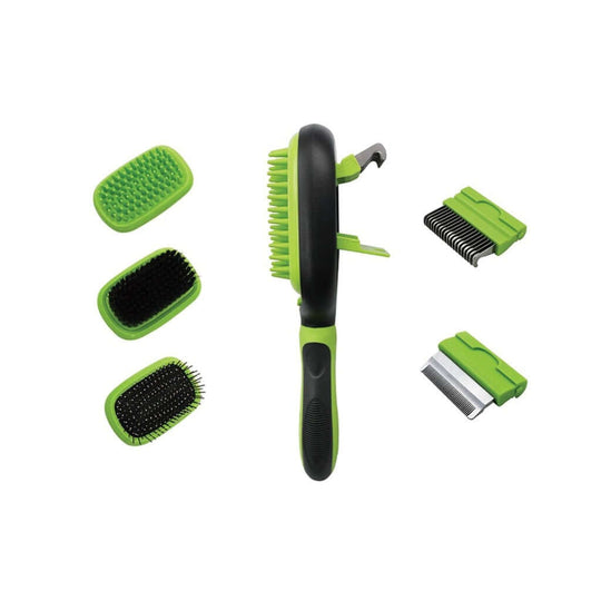 Floofi 5in1 Pet Grooming Set with ergonomic handle and various brush heads, designed for affordable quality grooming.