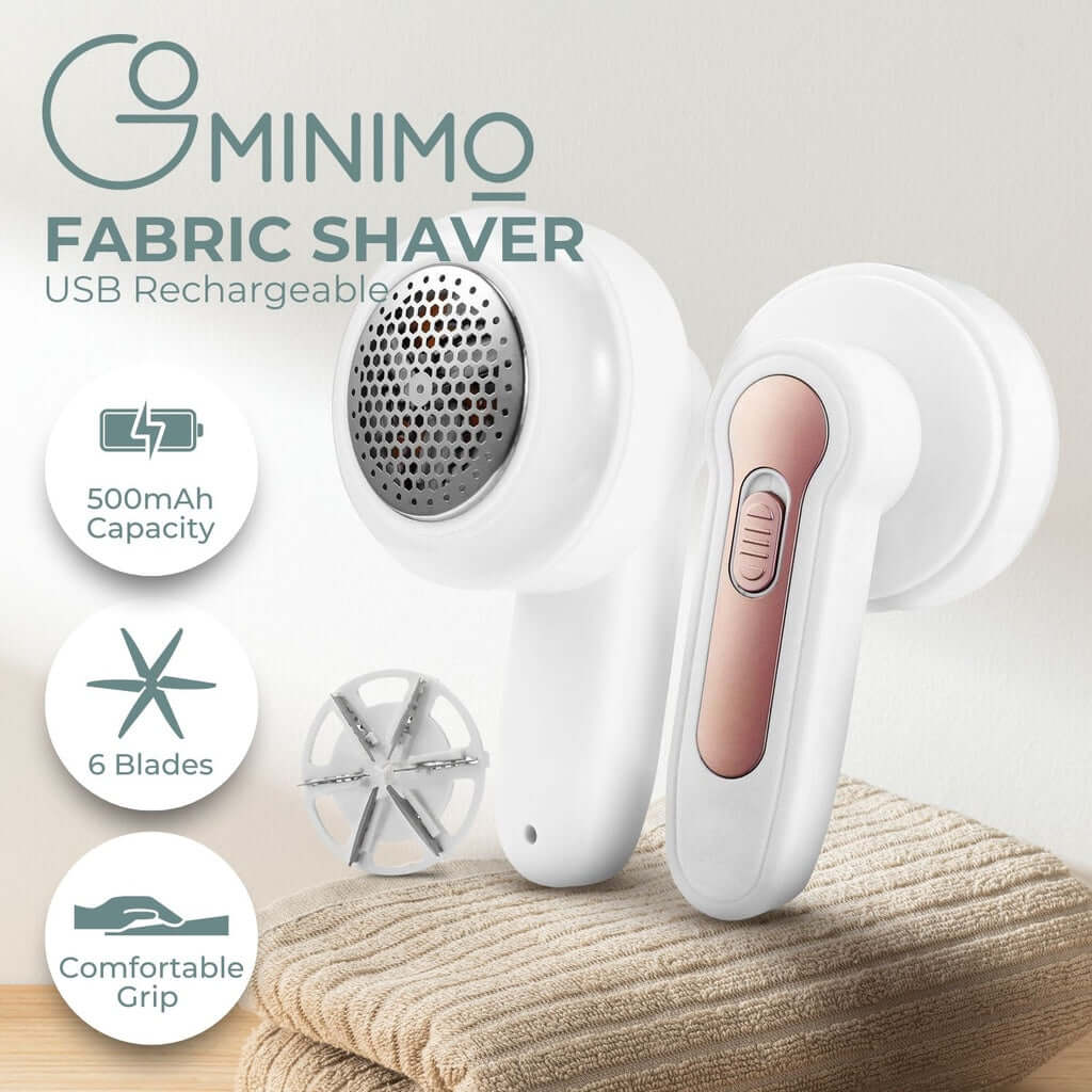 GOMINIMO USB rechargeable fabric shaver with 6 blades, featuring a comfortable grip and 500mAh battery capacity. Affordable quality tool.