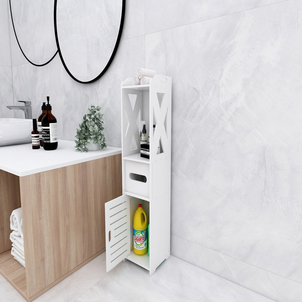 Modern bathroom with a sleek white storage unit beside a wooden vanity, featuring affordable, quality homewares and value furniture.