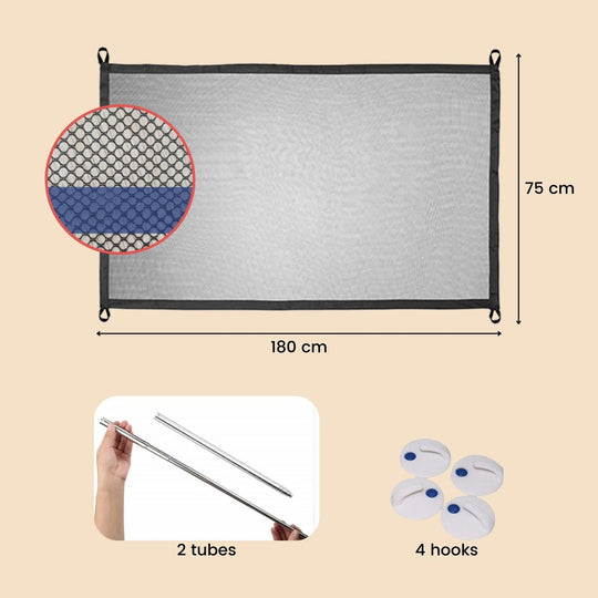 Mesh screen with dimensions 180 cm x 75 cm, includes 2 metal tubes and 4 hooks for installation.