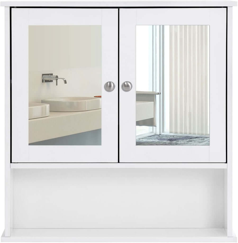 Affordable VASAGLE wall cabinet with 2 mirror doors, white. Quality DIY bathroom storage solution offering a luxe look.