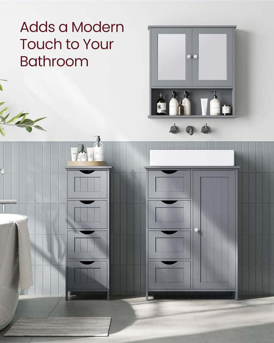 Gray VASAGLE floor cabinet with 4 drawers and adjustable shelf adds modern touch to bathroom decor, affordable quality and luxe design.