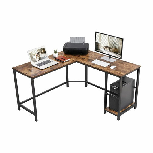 Affordable quality homewares L-shaped desk with computer, printer, and accessories, showcasing value furniture ideal for home office.